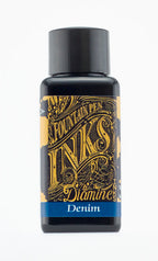 Diamine Denim fountain pen ink bottle and packaging on a white background.