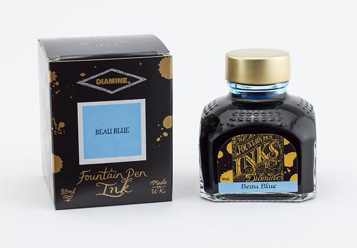Diamine Beau Blue fountain pen ink bottle and packaging on a white background.