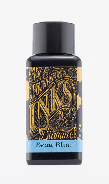 Diamine Beau Blue fountain pen ink bottle and packaging on a white background.