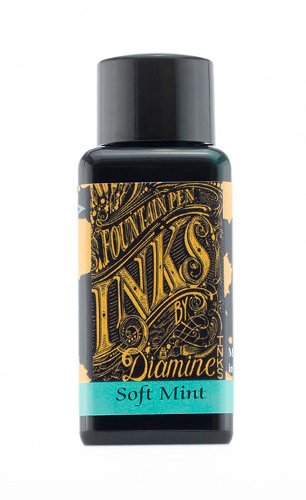 Diamine Soft Mint fountain pen ink bottle and packaging on a white background.