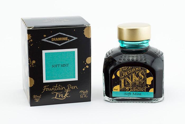 Diamine Soft Mint fountain pen ink bottle and packaging on a white background.