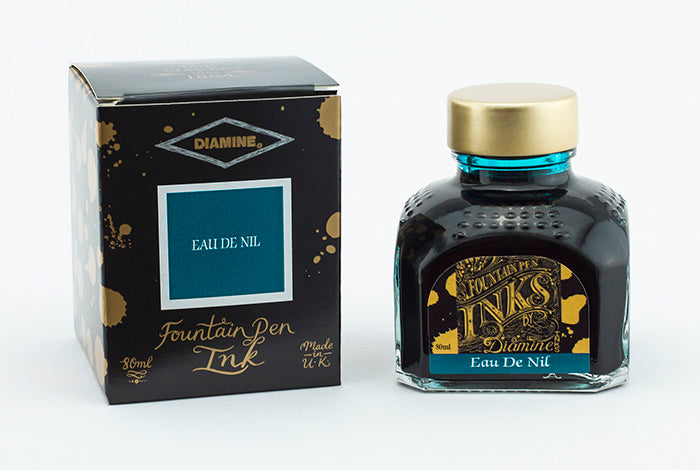 Diamine Eau de Nil fountain pen ink bottle and packaging on a white background.