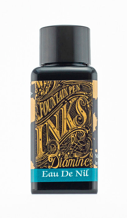 Diamine Eau de Nil fountain pen ink bottle and packaging on a white background.