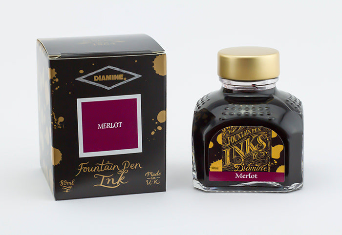 Diamine Merlot fountain pen ink bottle and packaging on a white background.