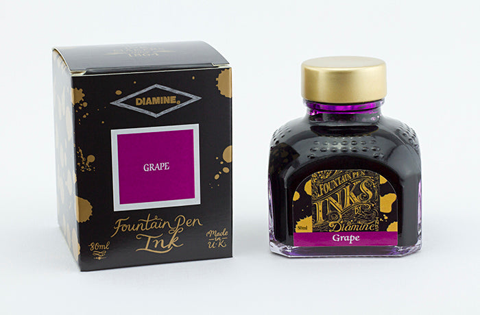 Diamine Grape fountain pen ink bottle and packaging on a white background.