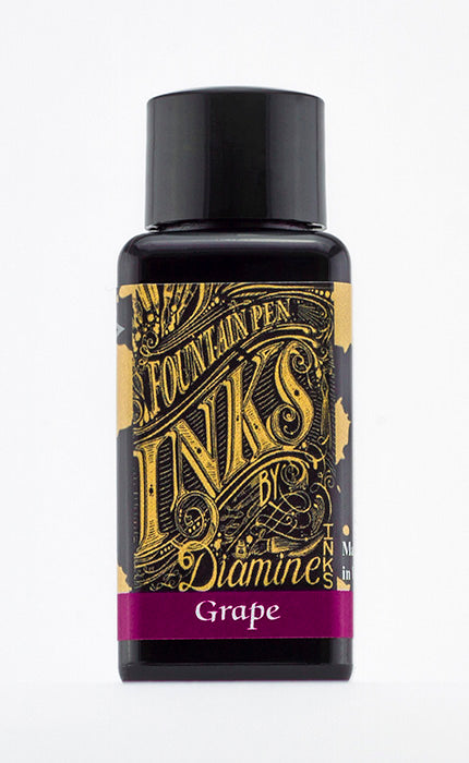 Diamine Grape fountain pen ink bottle and packaging on a white background.