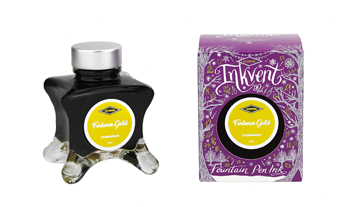 Diamine Fortune's Gold fountain pen ink bottle and packaging on a white background.