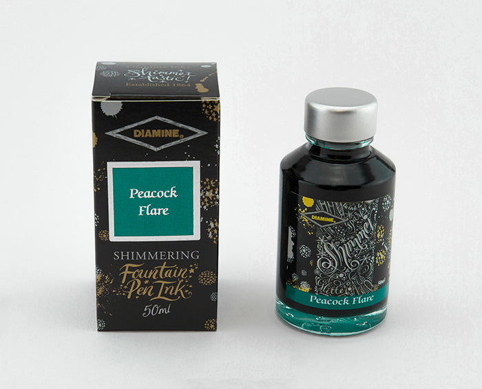 Diamine Peacock Flare fountain pen ink bottle and packaging on a white background.