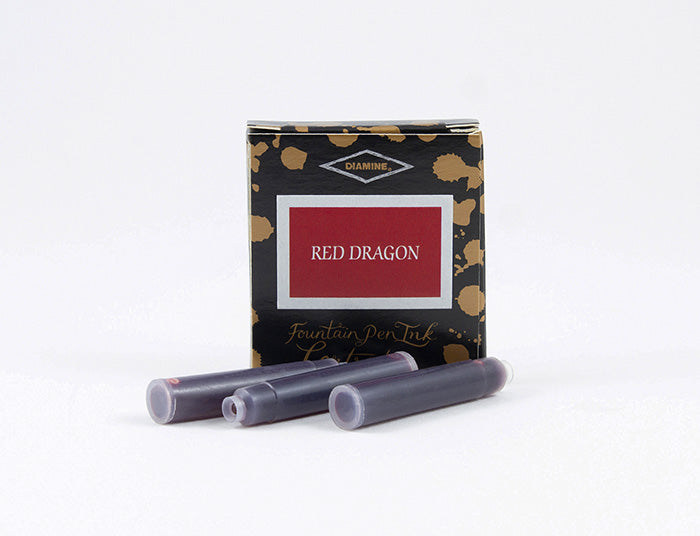 Diamine Red Dragon fountain pen ink cartridges and packaging box on a white background.
