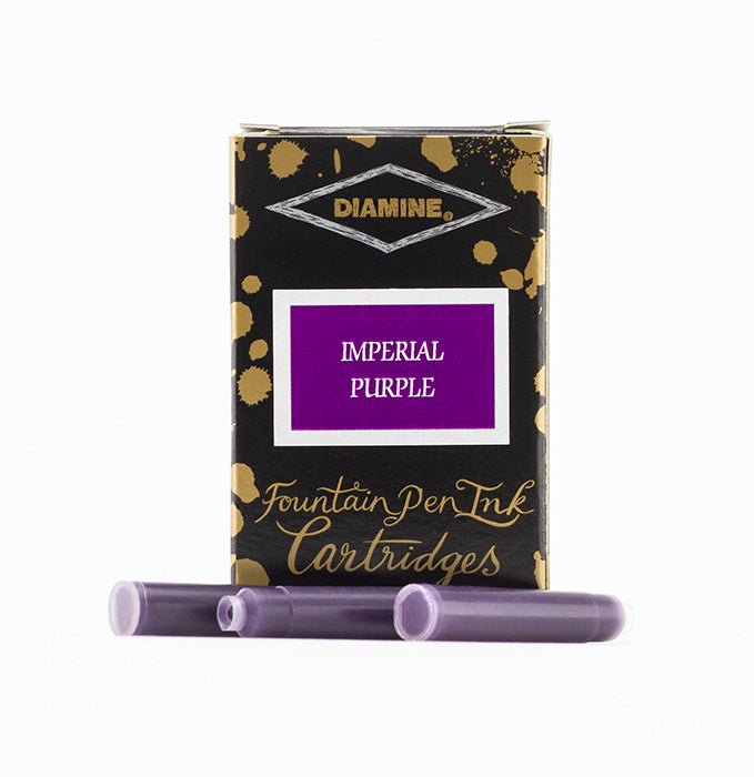 Diamine Imperial Purple fountain pen ink cartridges and packaging box on a white background.