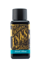 Diamine Steel Blue fountain pen ink bottle and packaging on a white background.