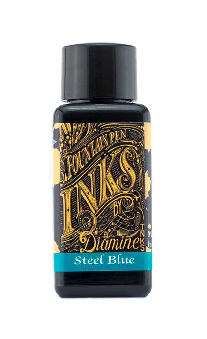 Diamine Steel Blue fountain pen ink bottle and packaging on a white background.