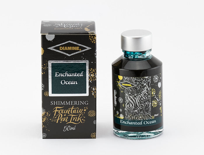 Diamine Enchanted Ocean fountain pen ink bottle and packaging on a white background.