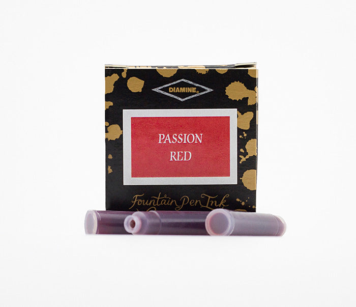 Diamine Passion Red fountain pen ink cartridges and packaging box on a white background.
