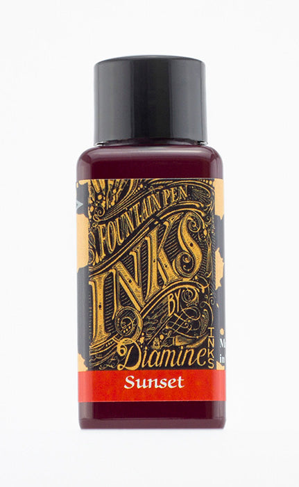 Diamine Sunset fountain pen ink bottle and packaging on a white background.