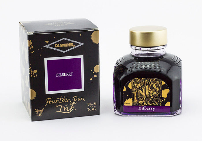 Diamine Bilberry fountain pen ink bottle and packaging on a white background.