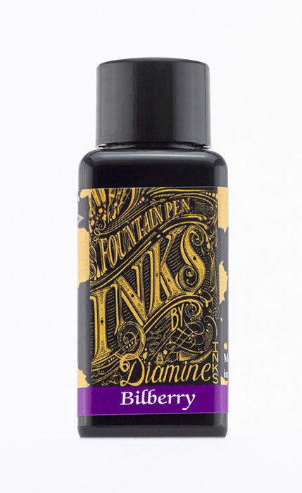 Diamine Bilberry fountain pen ink bottle and packaging on a white background.