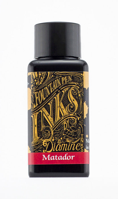 Diamine Matador fountain pen ink bottle and packaging on a white background.