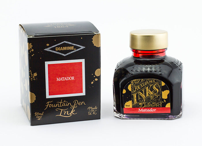 Diamine Matador fountain pen ink bottle and packaging on a white background.