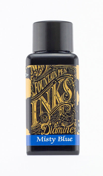 Diamine Misty Blue fountain pen ink bottle and packaging on a white background.