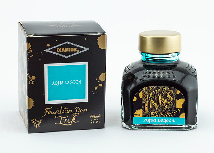 Diamine Aqua Lagoon fountain pen ink bottle and packaging on a white background.