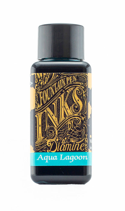 Diamine Aqua Lagoon fountain pen ink bottle and packaging on a white background.