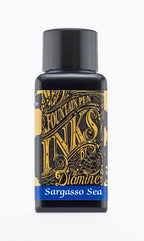 Diamine Sargasso Sea fountain pen ink bottle and packaging on a white background.