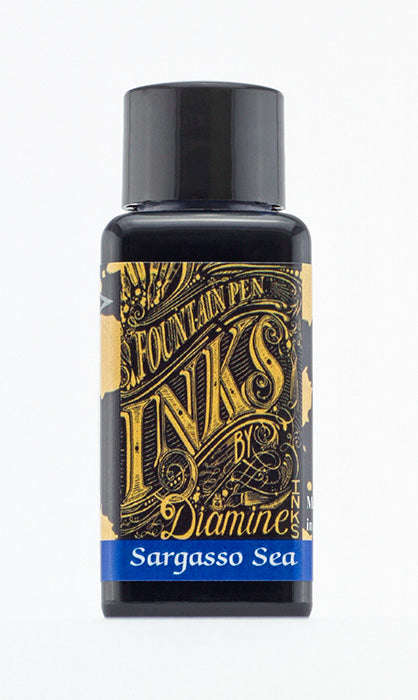 Diamine Sargasso Sea fountain pen ink bottle and packaging on a white background.
