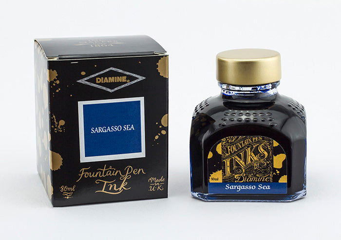 Diamine Sargasso Sea fountain pen ink bottle and packaging on a white background.