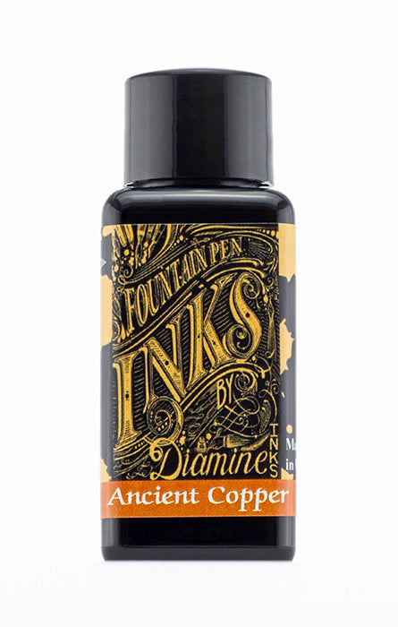 Diamine Ancient Copper fountain pen ink bottle and packaging on a white background.