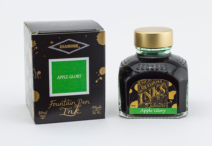 Diamine Apple Glory fountain pen ink bottle and packaging on a white background.