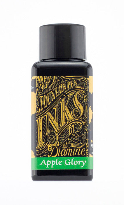 Diamine Apple Glory fountain pen ink bottle and packaging on a white background.