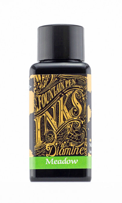 Diamine Meadow fountain pen ink bottle and packaging on a white background.