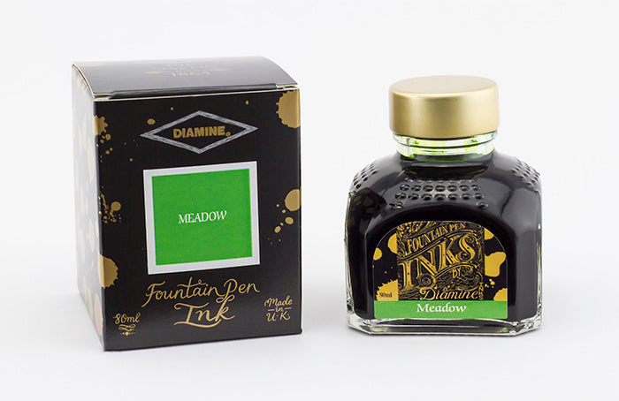 Diamine Meadow fountain pen ink bottle and packaging on a white background.