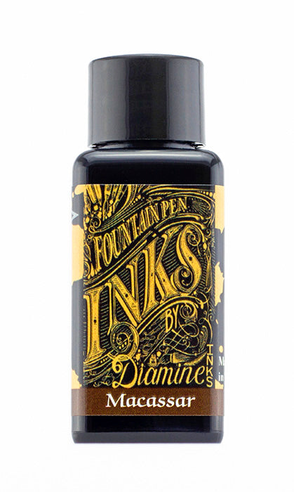 Diamine Macassar fountain pen ink bottle and packaging on a white background.