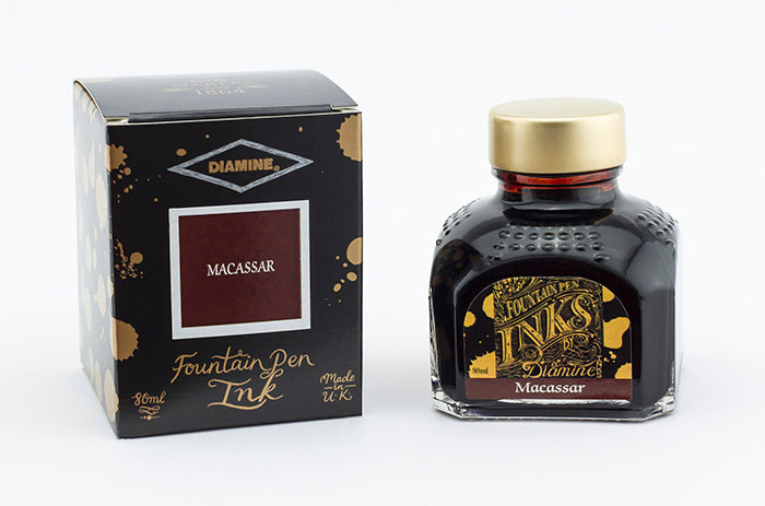 Diamine Macassar fountain pen ink bottle and packaging on a white background.