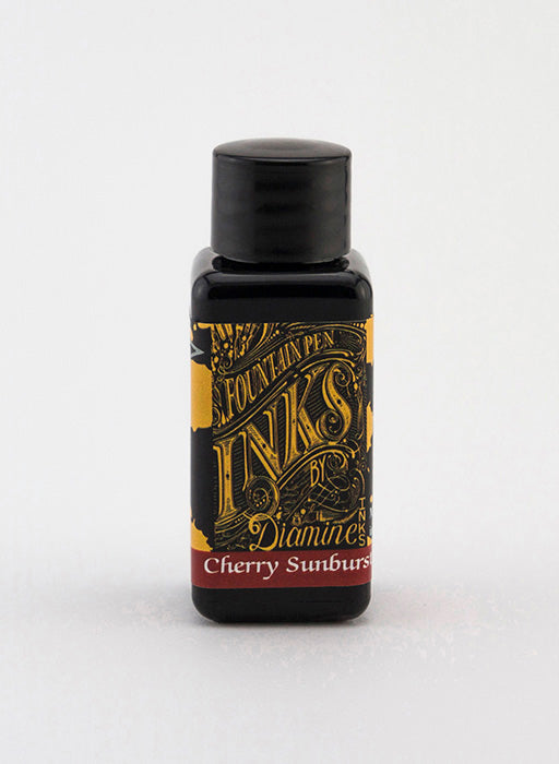 Diamine Cherry Sunburst fountain pen ink bottle and packaging on a white background.