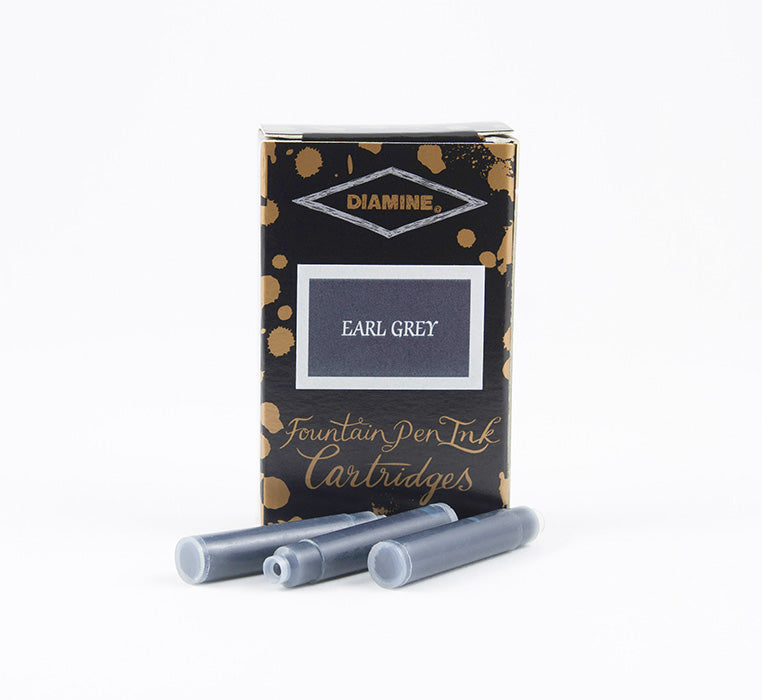 Diamine Earl Grey fountain pen ink cartridges and packaging box on a white background.