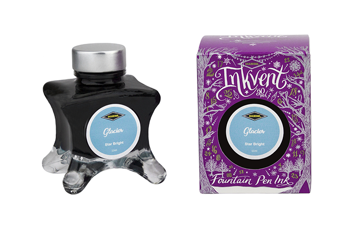 Diamine Glacier fountain pen ink bottle and packaging on a white background.