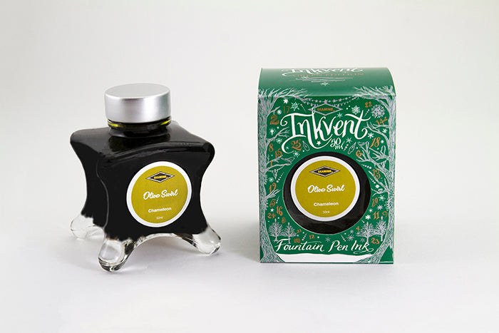 Diamine Olive Swirl fountain pen ink bottle and packaging on a white background.