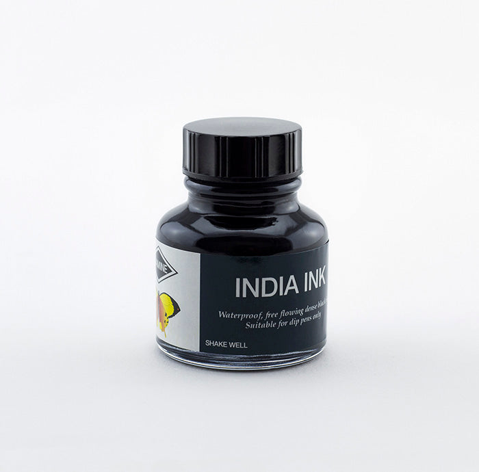 30ml glass bottle of Diamine India ink with a black cap on a white background.