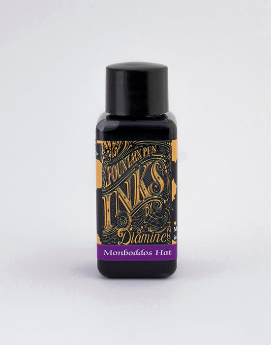 Diamine Monboddo's Hat fountain pen ink bottle and packaging on a white background.
