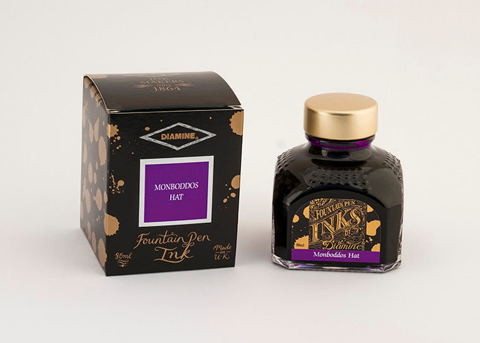 Diamine Monboddos Hat fountain pen ink bottle and packaging on a white background.
