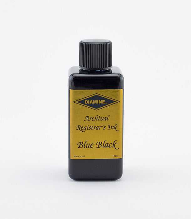 Diamine 100ml Archival Registrars refill fountain pen ink bottle and packaging on a white background.