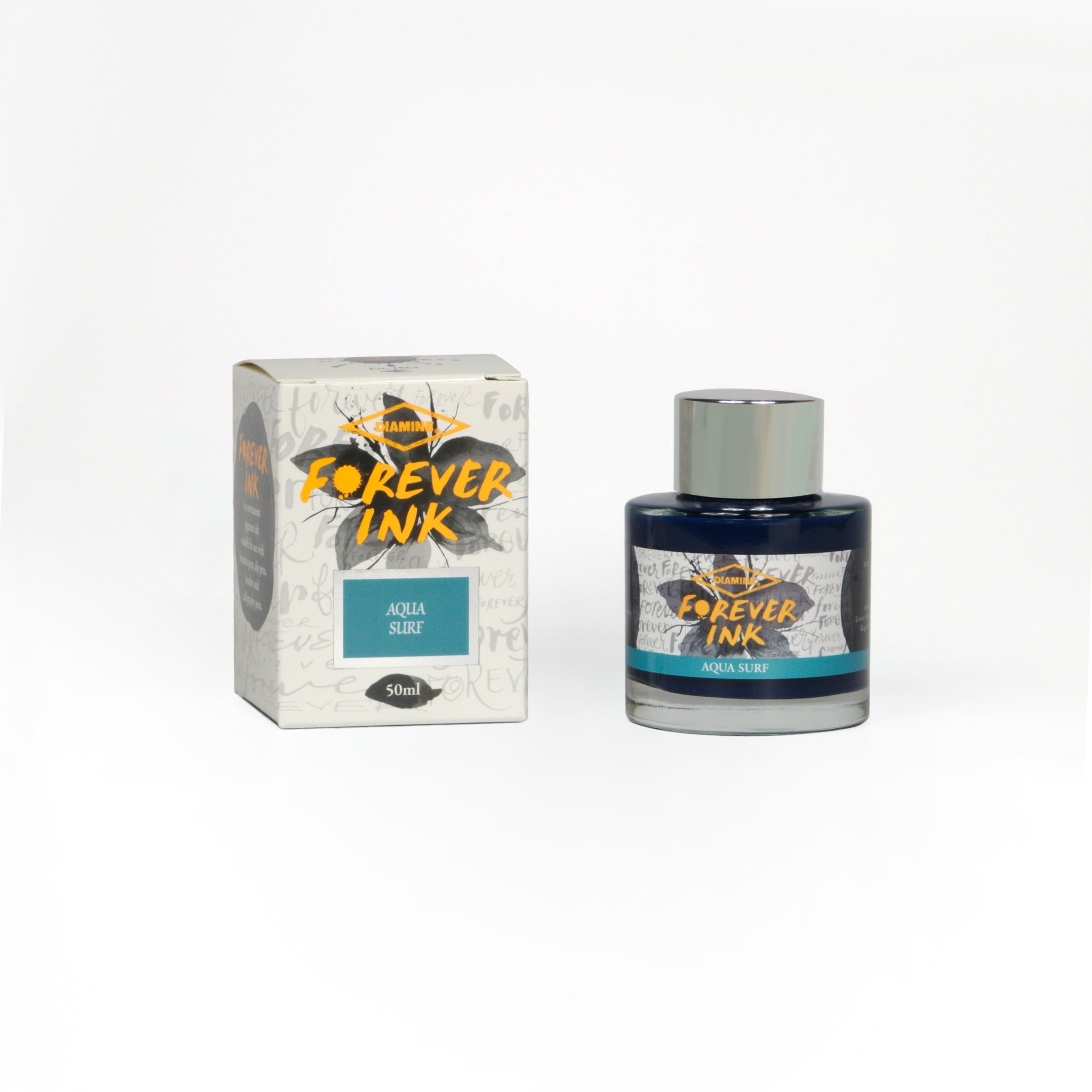 Diamine Aqua Surf Forever Ink fountain pen ink bottle and packaging on a white background.