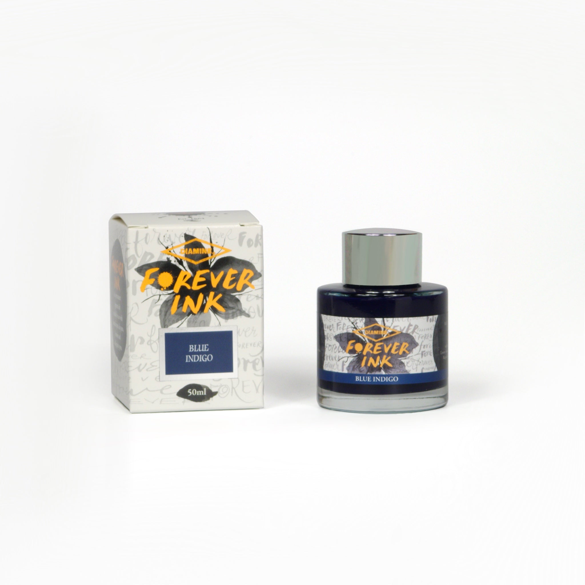 Diamine Blue Indigo Forever Ink fountain pen ink bottle and packaging on a white background.