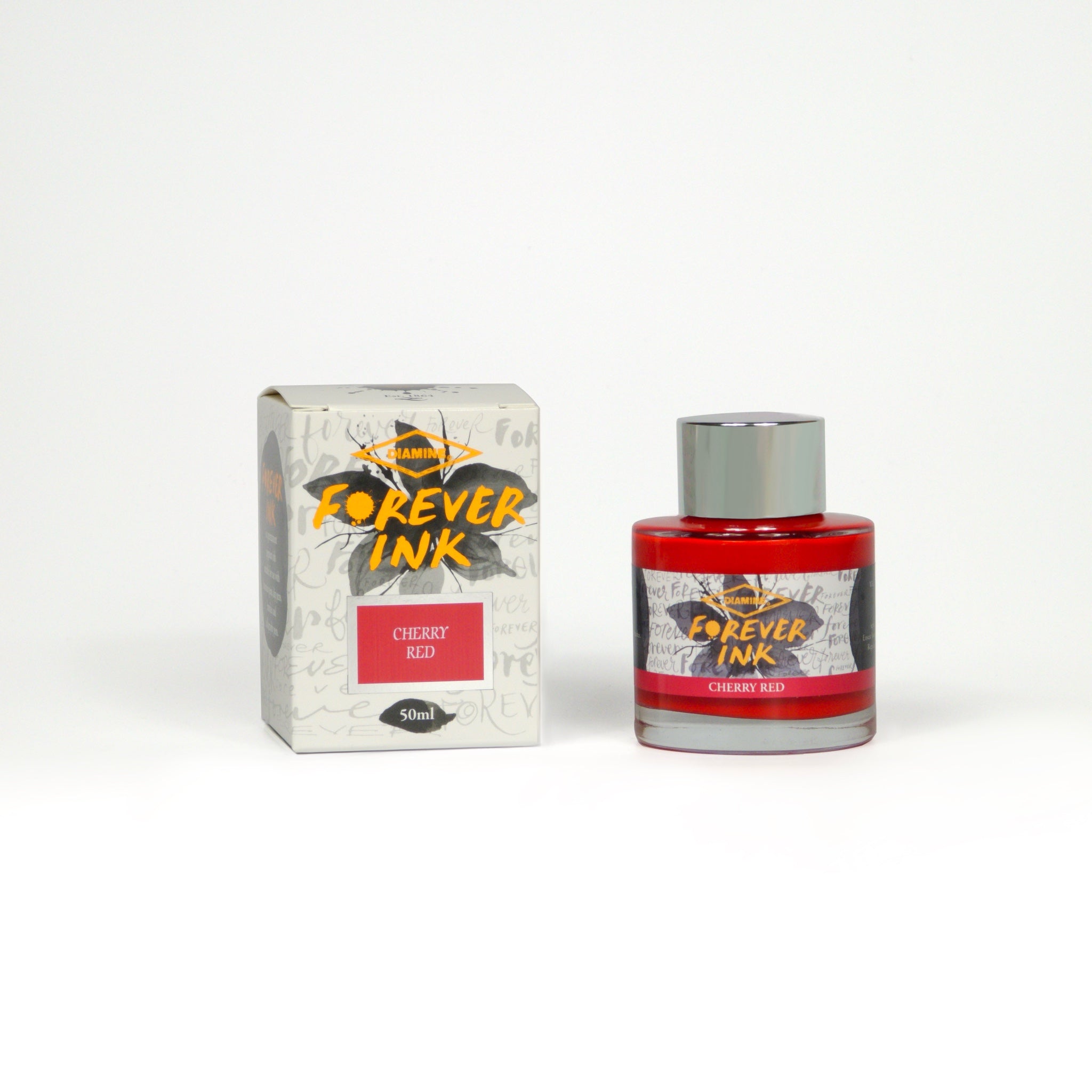 Diamine Cherry Red Forever Ink fountain pen ink bottle and packaging on a white background.