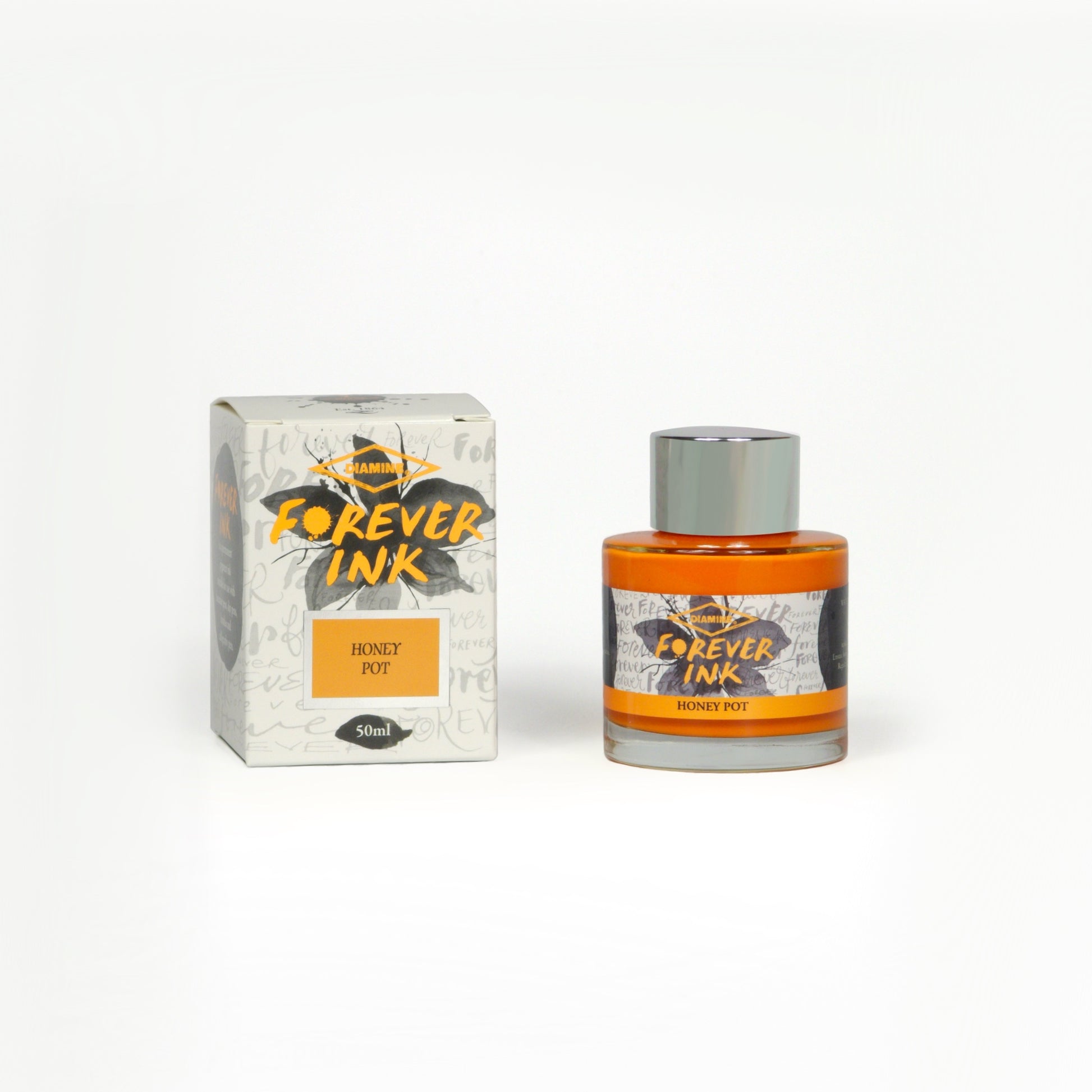 Diamine Honey Pot Forever Ink fountain pen ink bottle and packaging on a white background