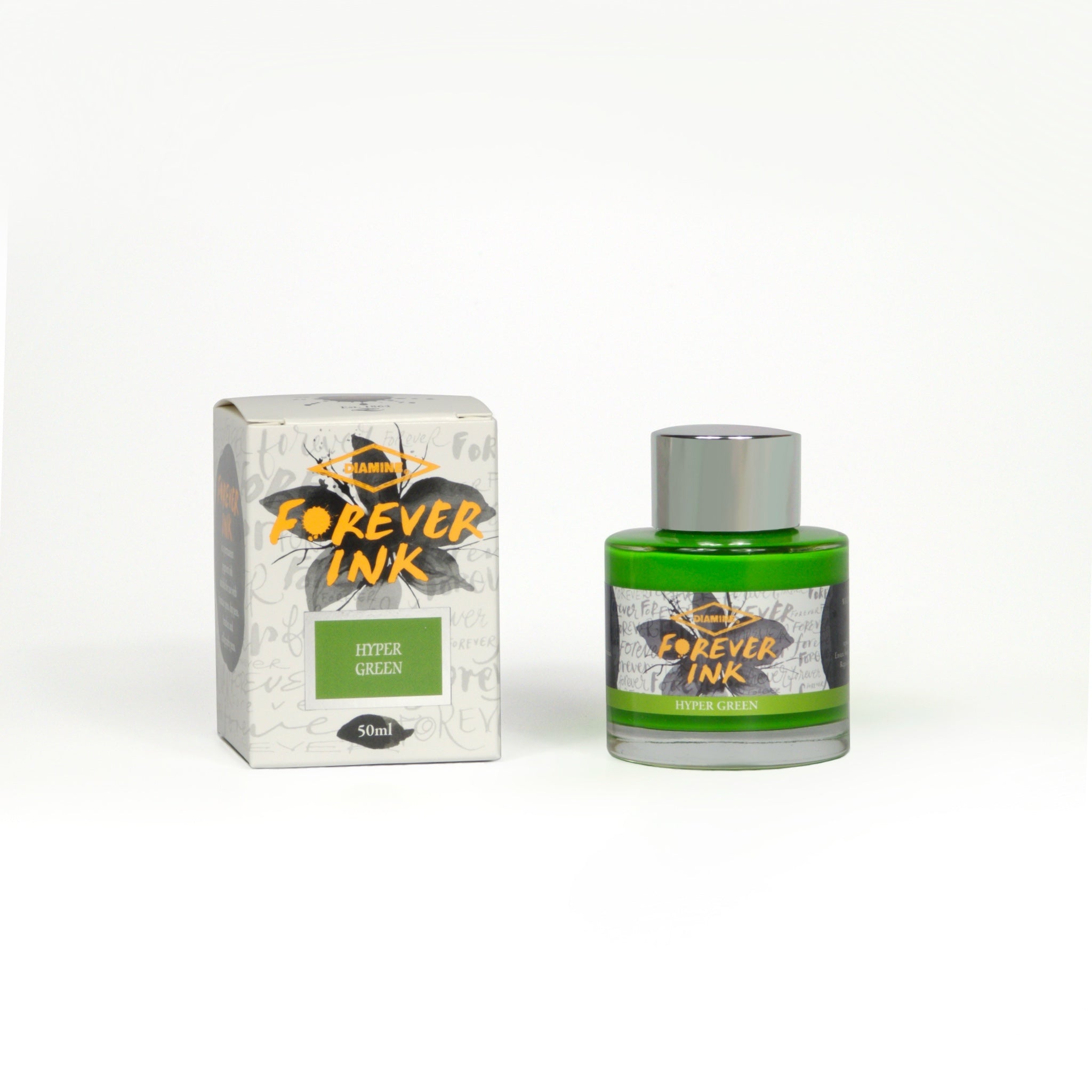 Diamine Hyper Green Forever Ink fountain pen ink bottle and packaging on a white background.