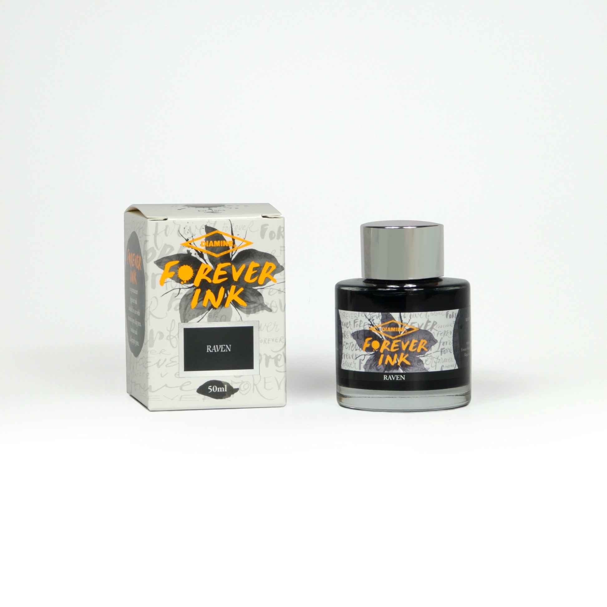 Diamine Raven Forever Ink fountain pen ink bottle and packaging on a white background.
